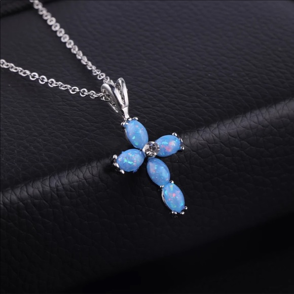 NEW Opal Blue Cross Necklace - Picture 3 of 4